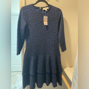 Michael Kors Flat Cat Jacquard Tiered Dress Black Twilight Blue Size Small NWT